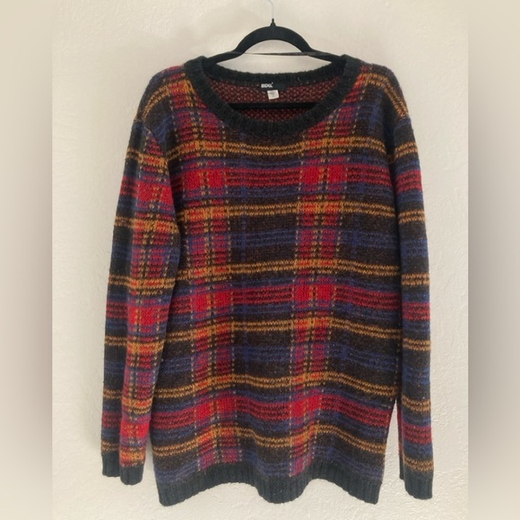 BDG Wool Mohair Blend Sweater Red Black Colorblock Crew Neck Pullover Holiday L - Picture 1 of 12